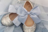 silver flats with large blue silk bows will make your flower girl a real princess