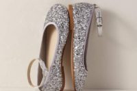 silver glitter flats with ankle straps for a shiny and bold touch to the flower girl’s look