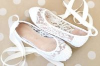 white lace flats with lacing up are a chic, elegant and very girlish idea to rock