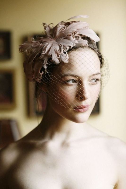 a birdcage veil with blush feathers as a headpiece is a lovely idea for a refined and chic bride