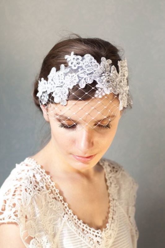 a birdcage veil with a lace edge is a fresh and modern take on traditional birdcage veils