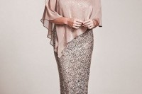 a sparkling  floral lace fitting maxi dress plus a sheer blush coverup on for more comfort and an accent