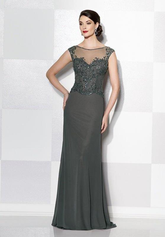 a formal look with a grey maxi dress, an embellished bodice with cap sleeves and a plain and sleek skirt
