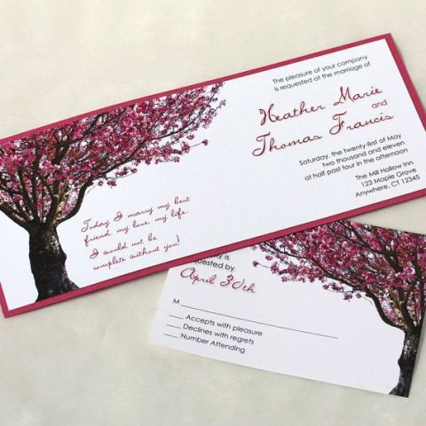 bold wedding invitations with purple blooming cherry trees will embrace the season and will show what colors you are going to rock