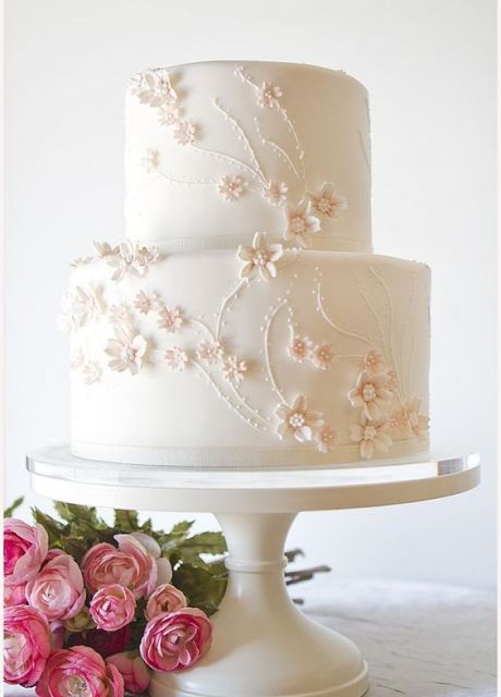 a white wedding cake with blush or just neutral sugar cherry blossoms is a beautiful solution for a spring wedding