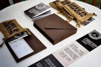 coffee-themed wedding invitation suite with invitations, burlap coffee sacks and black and white invites