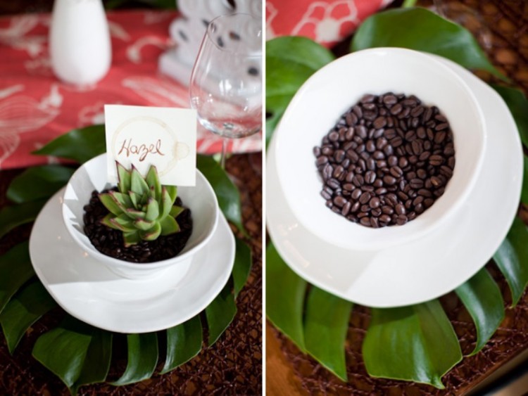 succulents planted into bowls and covered with coffee beans with place cards are creative wedding favors