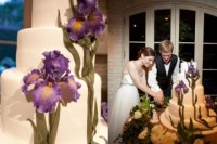 a large white wedding cake with large blue irises of sugar and greenery is a cool solution for a modern wedding