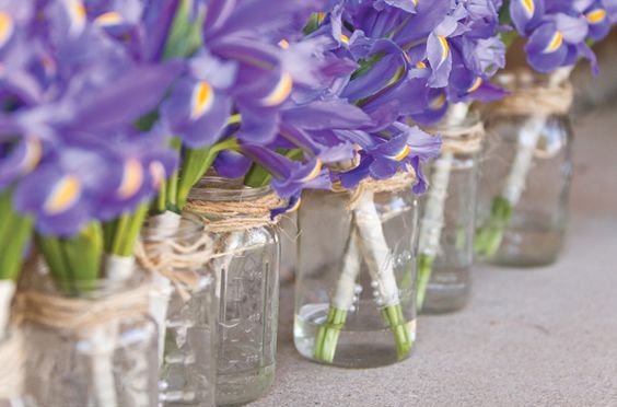 jars with blue irises wrapped with twine are great centerpieces or just decorations for your spring or summer venue