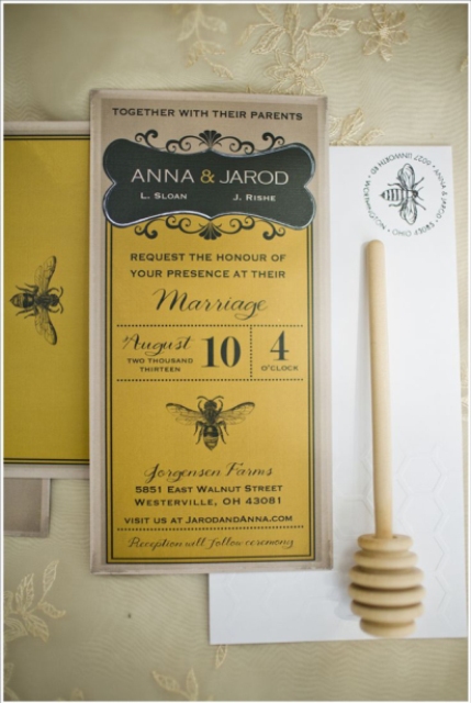 a honey-themed wedding invitation is a lovely and simple idea if you love honey and going to rock it as a wedding theme