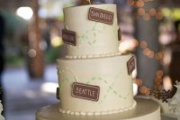 a white and green travel-themed wedding cake with tags that name the cities where the couple has been