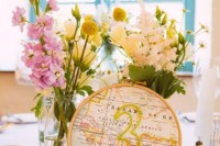 a floral wedding centerpiece with a map table number is a cool idea for a travel-themed wedding