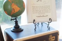 offer a suitcase with a globe and a sign to let your guests leave you cards, wishes or where to travel