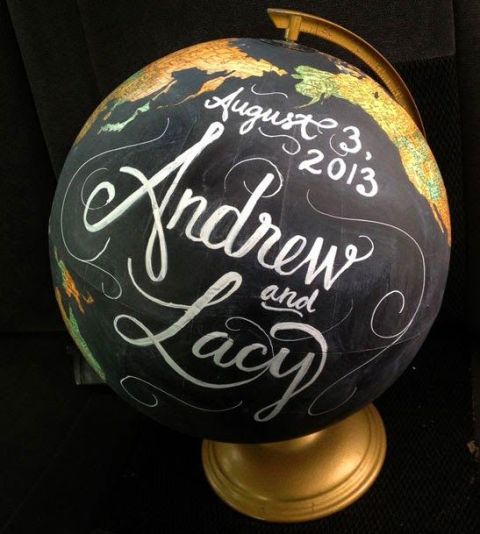 a chalkboard globe with your names and wedding date is a nice decoration and you can also offer it as a wedding guest book