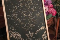 a constellation map instead of a usual table map done in black and gold is a very creative and chic idea for a star wedding