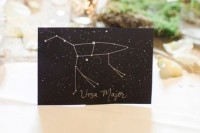 a table name as a constellation name in black and gold is a chic and very stylish idea to go for