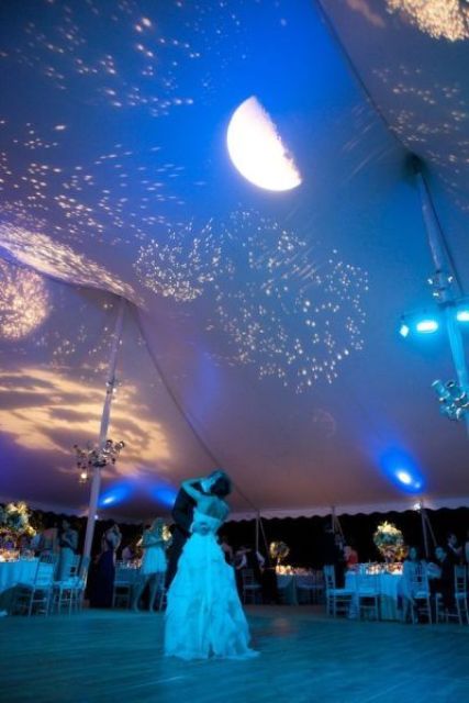 a reception ceiling done with stars and a moon is nice for decorating an astronomy wedding