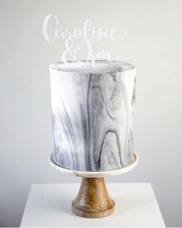 a grey marble one tier wedding cake with a calligraphy topper is a gorgeous and trendy idea for any modern wedding with a neutral color palette
