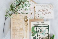 a chic and bold botanical wedding invitation suite with floral lining, a wooden invitation with a tree print, a pretty hand-painted map of the territory