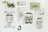 a green, grey and white wedding invitation suite with botanical and floral prints, black calligraphy and watercolor painting is a cool idea