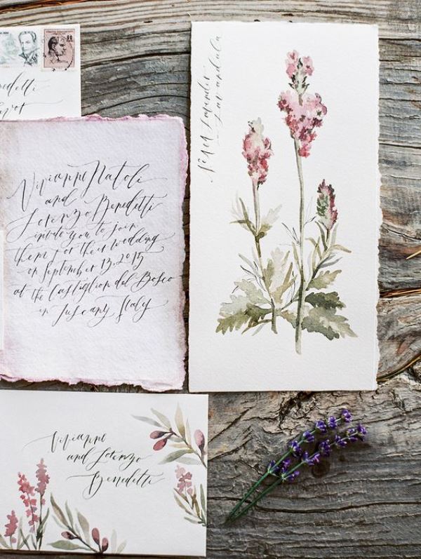 beautiful watercolor floral wedding invitations with pink touches, a raw edge, flowers painted is amazing