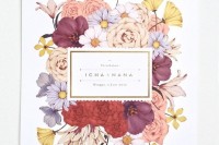 a bold floral wedding invitation with bright florals and gold touches is a pretty idea for a summer wedding