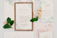 a botanical wedding invitation suite with botanical invites and linine, neutral and pink envelopes is a cool idea for spring