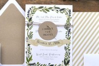 a neutral wedding invitation suite with a kraft paper envelope, a botanical invitation with a kraft paper piece and a striped piece