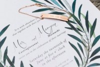 a stylish botanical wedding invitation with leaf prints and chic black calligraphy is a cool idea for a modern wedding