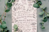 a black and white botanical wedding invitation suite with creative lettering is a cool idea for a casual wedding
