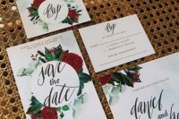 a bright botanical wedding invitation suite with bold rose and leaf print and calligraphy is a cool and fun idea to rock