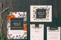 a bright floral wedding invitation suite with bold prints and black and white lettering is a bold and cool idea