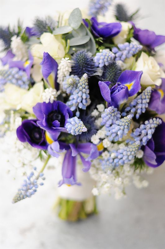 a beautiful pring bridal bouquet filled with muscari, iris, ivory spray roses and baby's breath looks amazing and strikes with its color