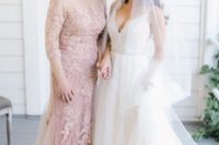 a blush lace fitting maxi dress with an illusion neckline, short sleeves and a train for a formal and chic look