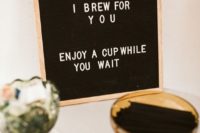a modern black and white wedding sign with simple letters will highlight your wedding coffee bar