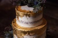 a naked wedding cake with gold leaf, blackberries, thistles, greenery is a chic and bold idea for fall or winter