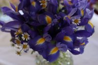 a pretty wedding centerpiece of blue irises and some chamomiles is a lovely idea for a bright wedding in summer or spring