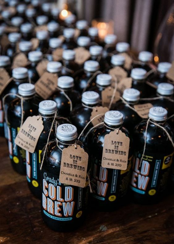 cold brew coffee in bottles is a great wedding favor for a spring or summer wedding of a coffee-loving couple