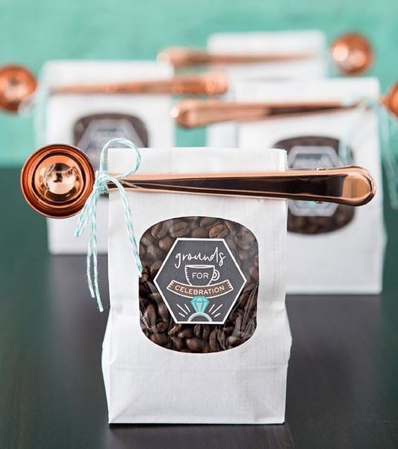 cute wedding guest favors   coffee beans in packages with copper spoons are stylish and cool