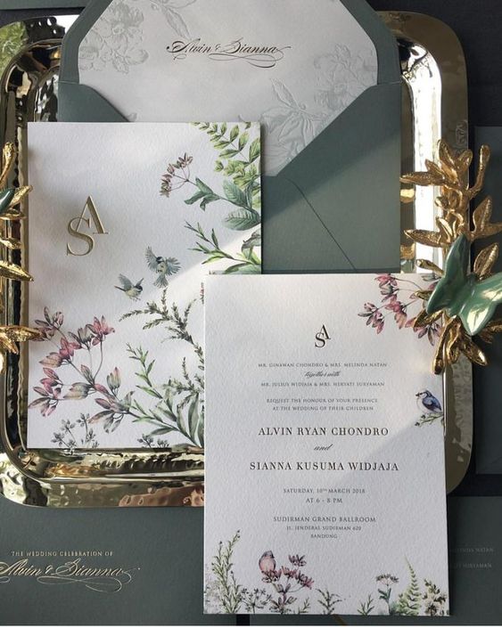 delicate and lovely botanical wedding invitations with subtle printing is a very cool and fresh idea to rock for a spring wedding