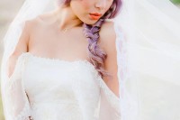 lilac hair in a twisted braid plus a cathedral veil for a very romantic and beautiful bridal look