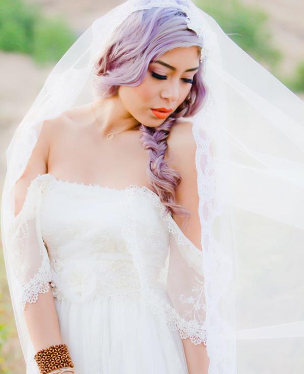 lilac hair in a twisted braid plus a cathedral veil for a very romantic and beautiful bridal look