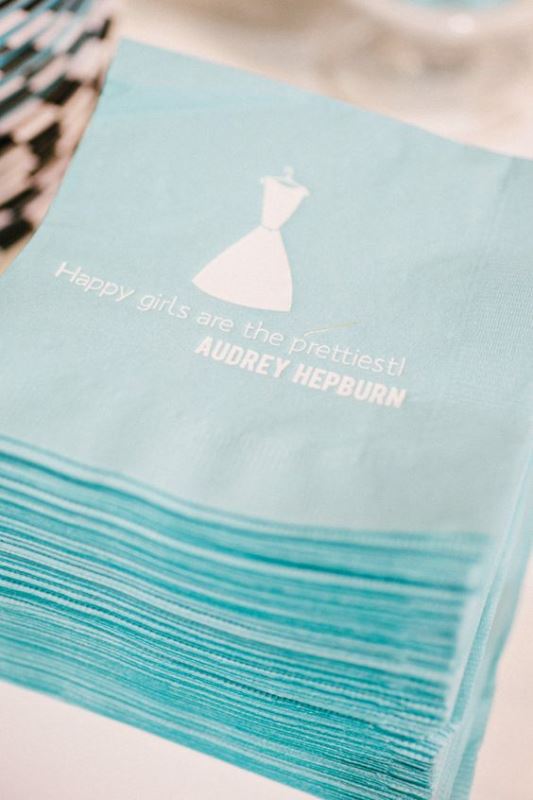 printed tiffany blue napkins with Audrey Hepburn quotes is a pretty and fun idea