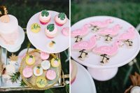 tropical-themed desserts, flamingo and fruit painted cookies and tropical leaf cupcakes