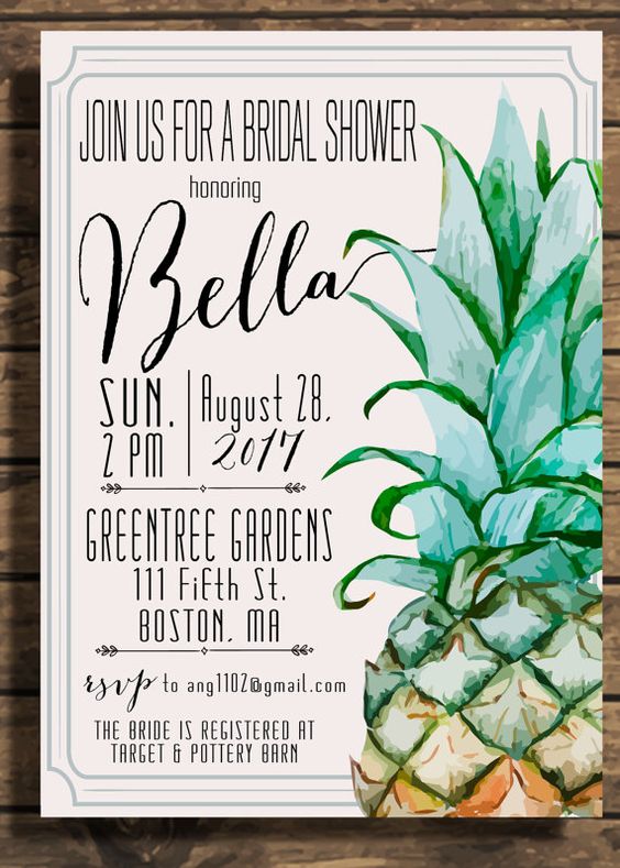 a fun watercolor painted bridal shower invitation with a pineapple and frames