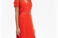 a red midi dress with lace detailing, a V-neckline and short sleeves for a colorful statement