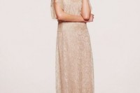 a nude lace maxi sheath dress with an illusion neckline and short sleeves for a more relaxed outfit