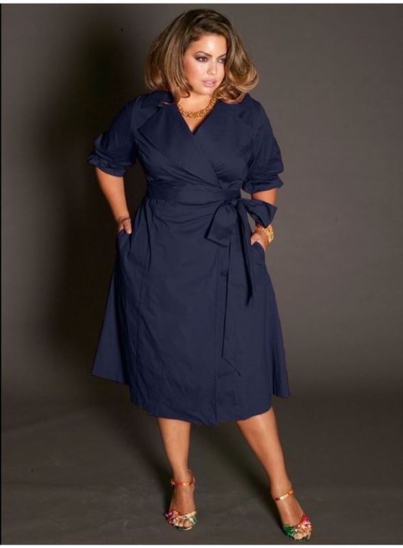 a navy wrap draped dress with lapels, pockets, colorful shoes and a necklace for a more casual wedding
