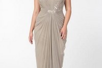 a neutral embellished maxi dress with draperies and cap sleeves for a formal wedding