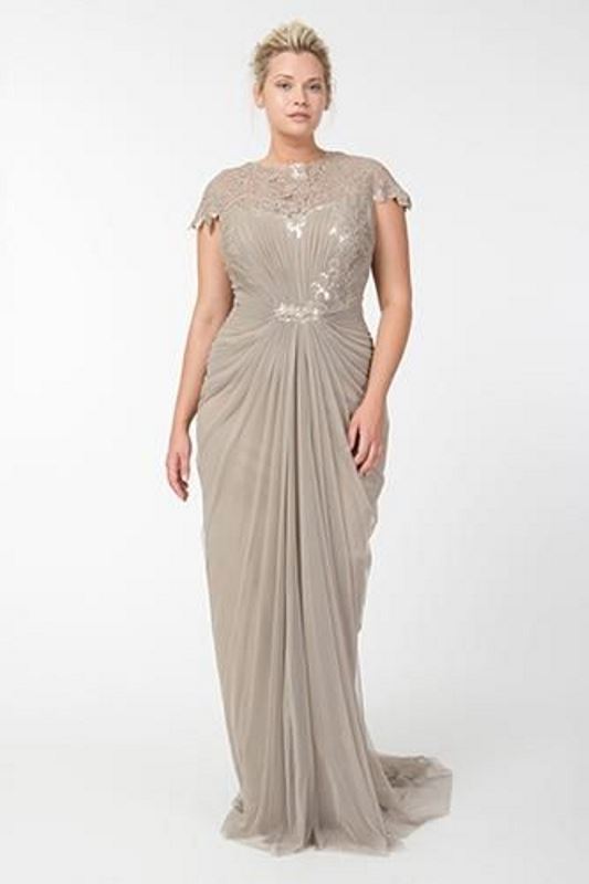 a neutral embellished maxi dress with draperies and cap sleeves for a formal wedding